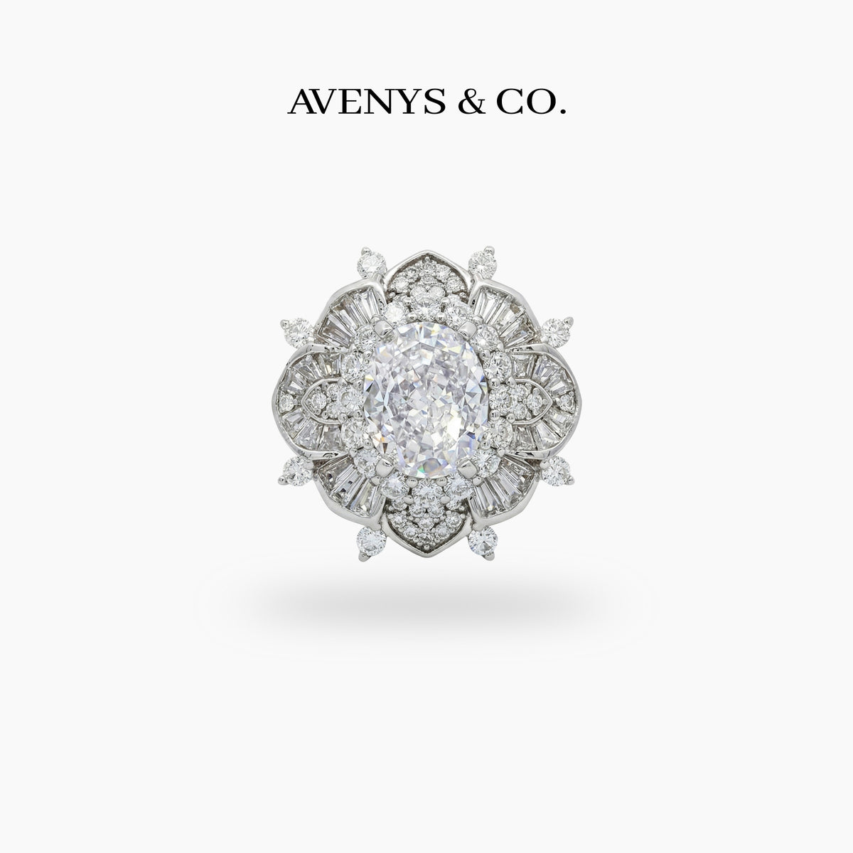 Bloom Burst Ring with White Oval Stone – on White Gold