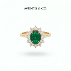 Classic Halo Ring with Green Oval Stone – on Yellow Gold