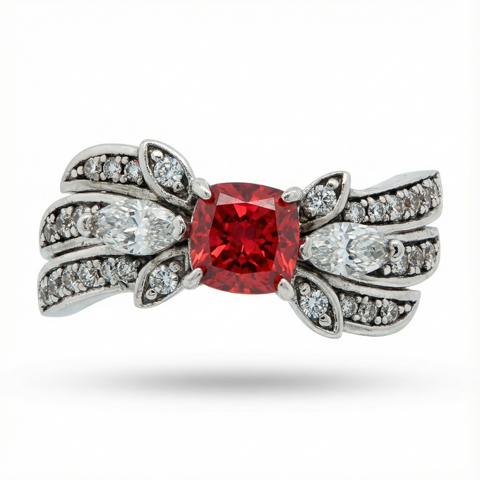 Red Wings Ring with Red Cushion Stone – on White Gold