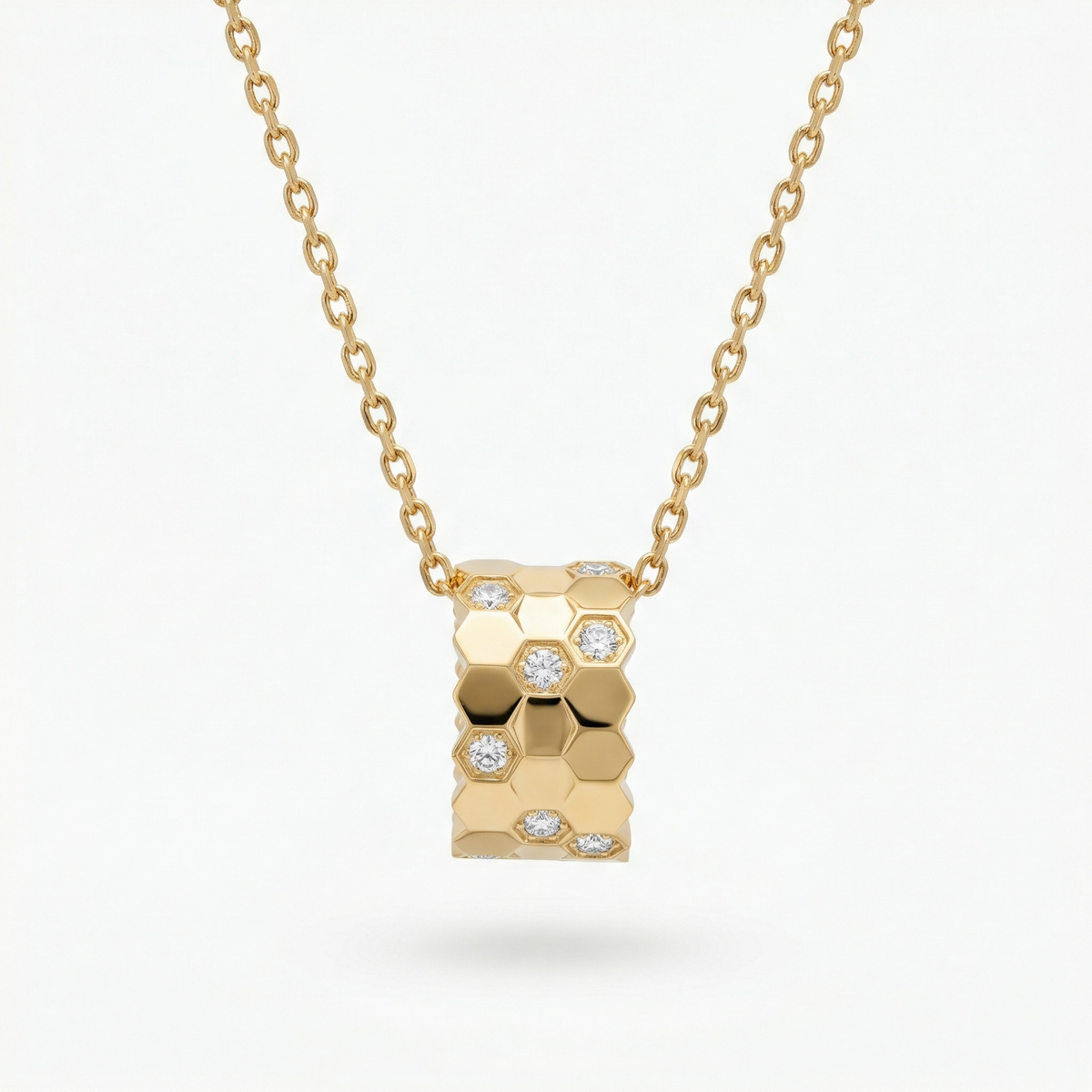 Honeycomb Necklace with White Round Stone – on Yellow Gold