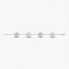 Flower Motif Chain Bracelet with White Round Stone – on White Gold