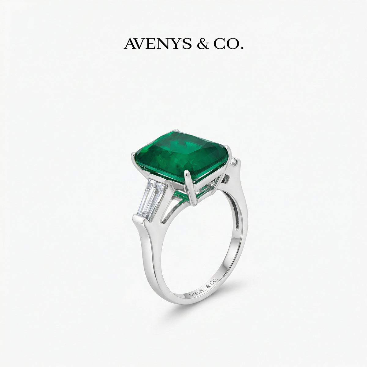 Radiant Trilogy Ring with Green Radiant Stone – on White Gold