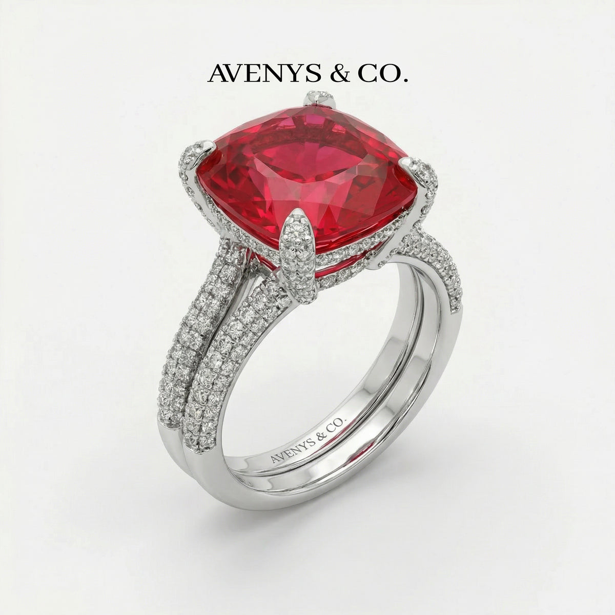 Double Shank Cocktail Ring with Red Cushion Garnet – on White Gold