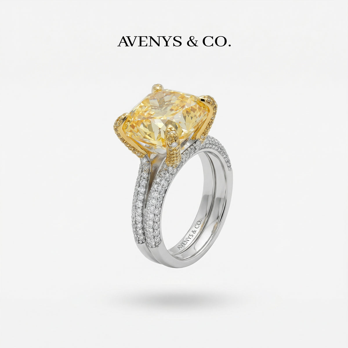 Double Shank Cocktail Ring with Yellow Cushion Stone – on White Gold