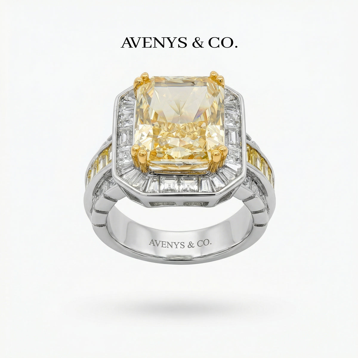 Radiant Halo Pave Ring with Yellow Round Stone – on White Gold