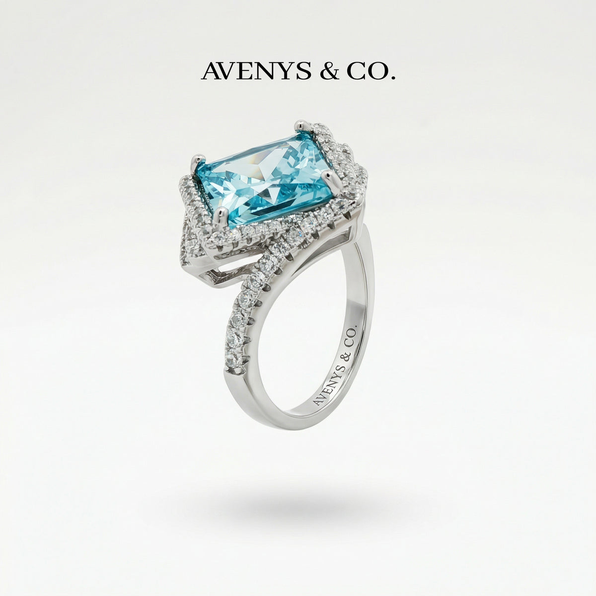 Side Radiant Ring with Aquamarine Radiant Stone – on White Gold