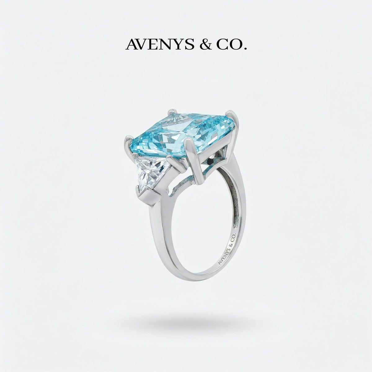 Square Radiant Ring with Aquamarine Radiant Stone – on White Gold