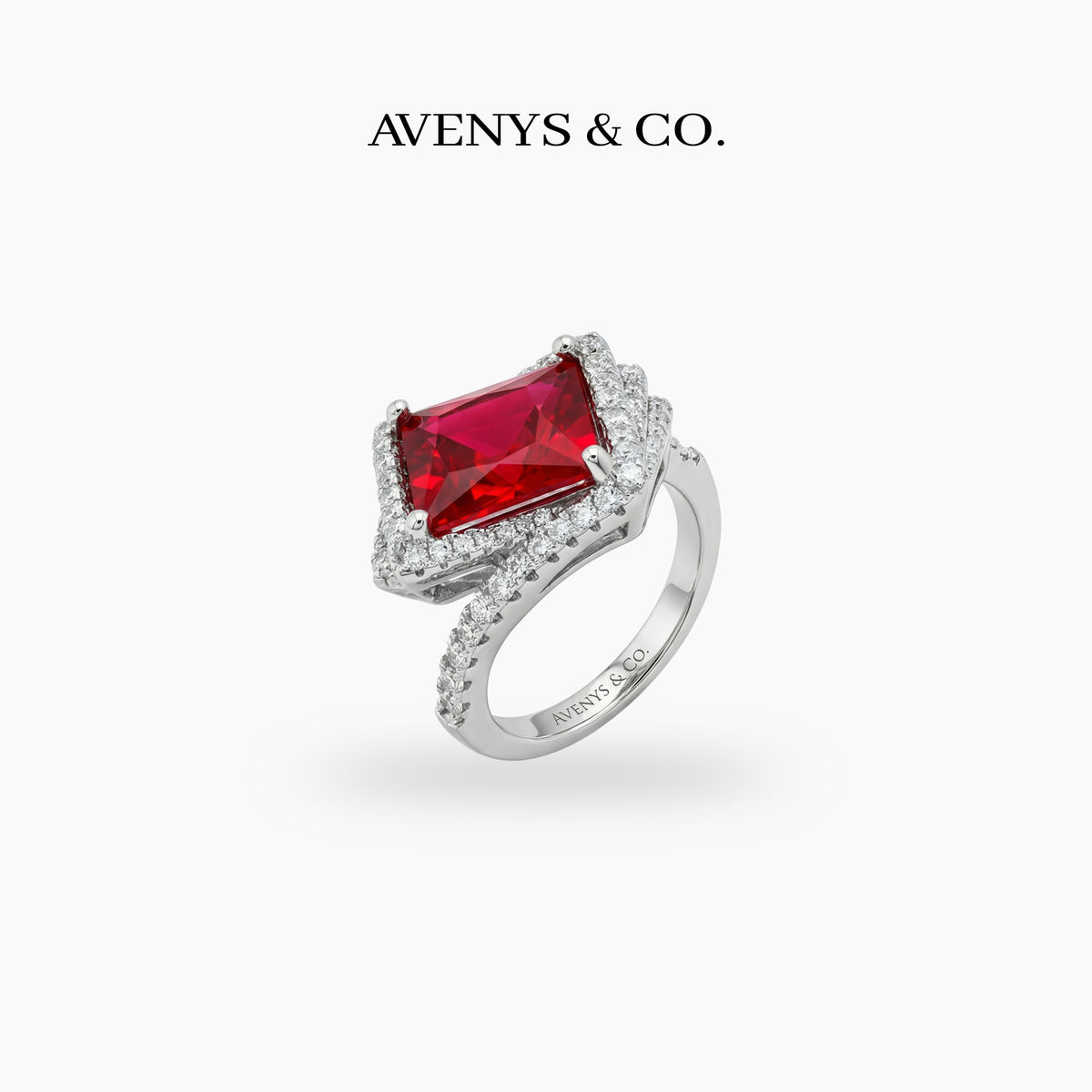 Side Radiant Ring with Red Radiant Stone – on White Gold