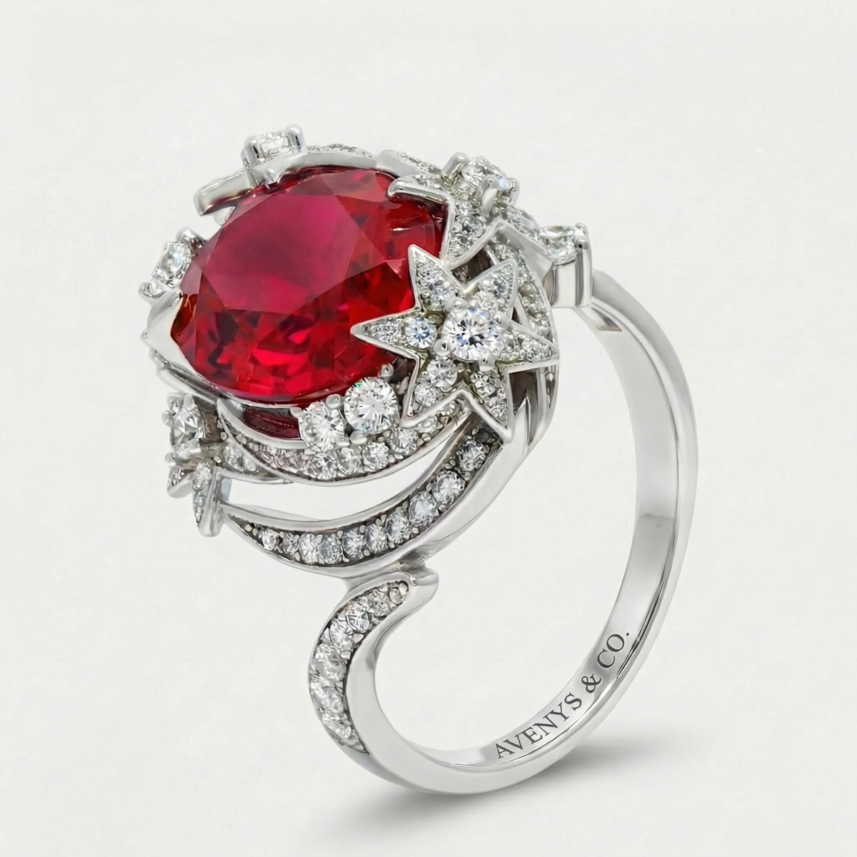 Starfall Pave Ring with Avenys Signature™ Oval Pigeon Blood Ruby – on White Gold