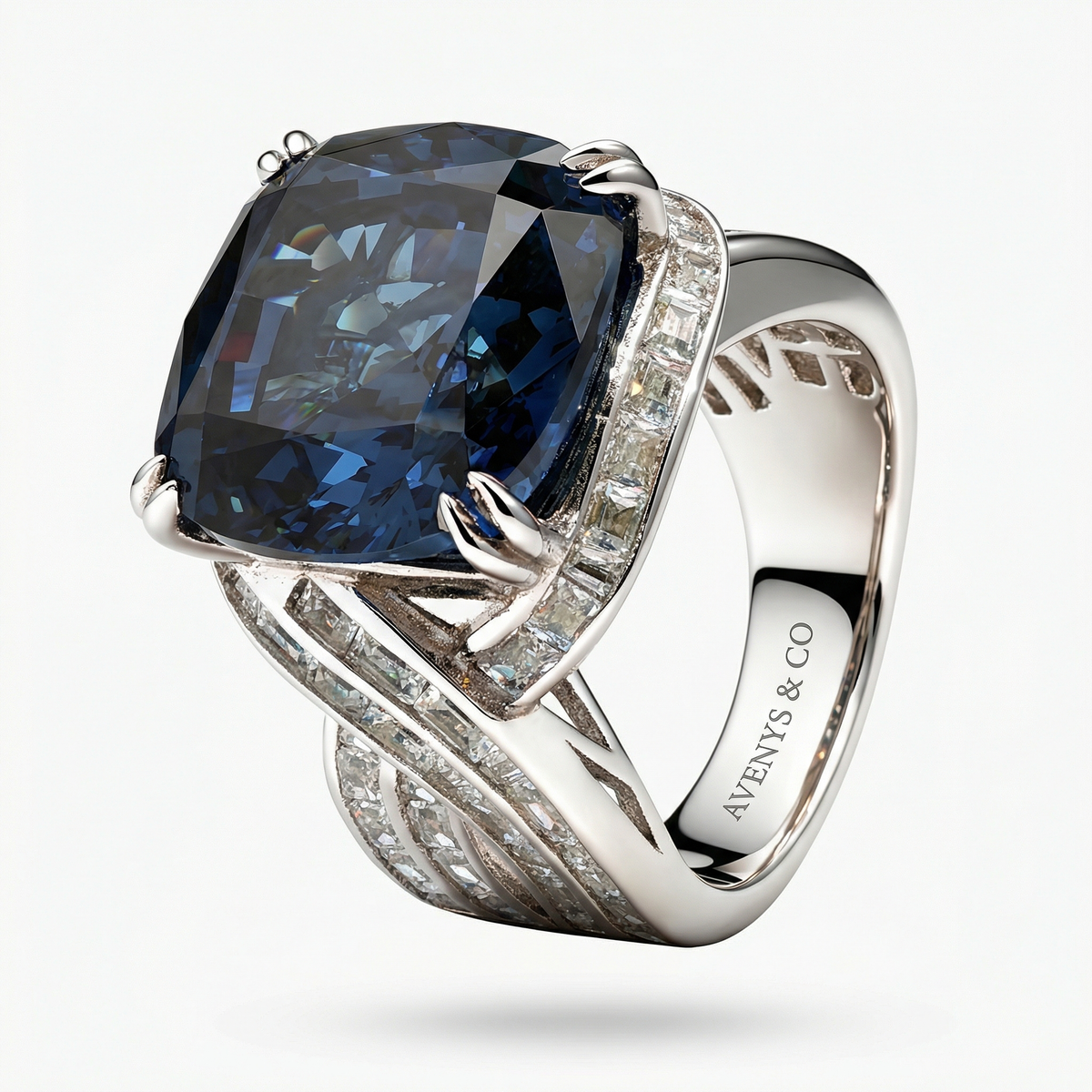 Citadel Pave Ring with Blue Cushion Stone – on White Gold