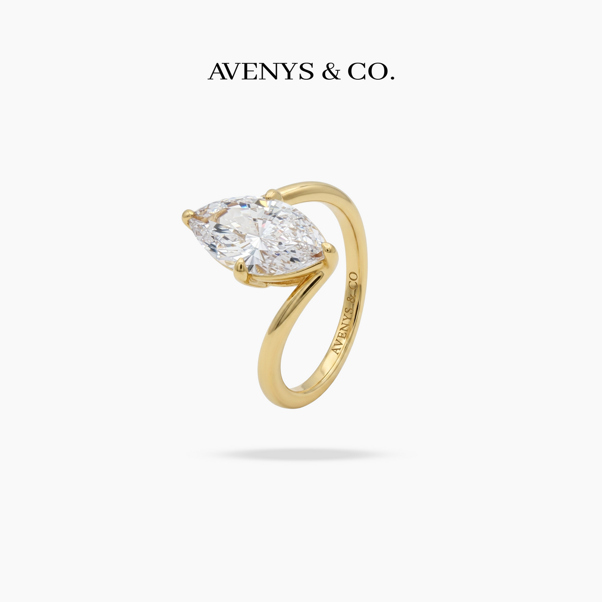 Bypass Marquise Ring with White Marquise Stone – on Yellow Gold