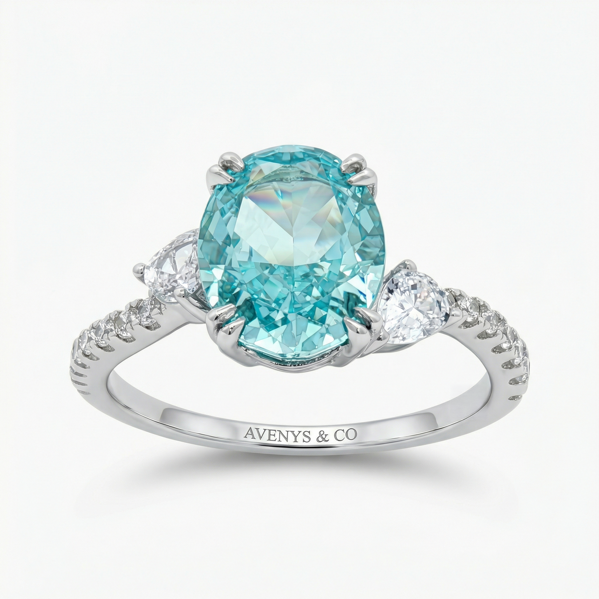 Lagoon Pave Ring with Stacking Band with Paraiba Oval Stone – on White Gold