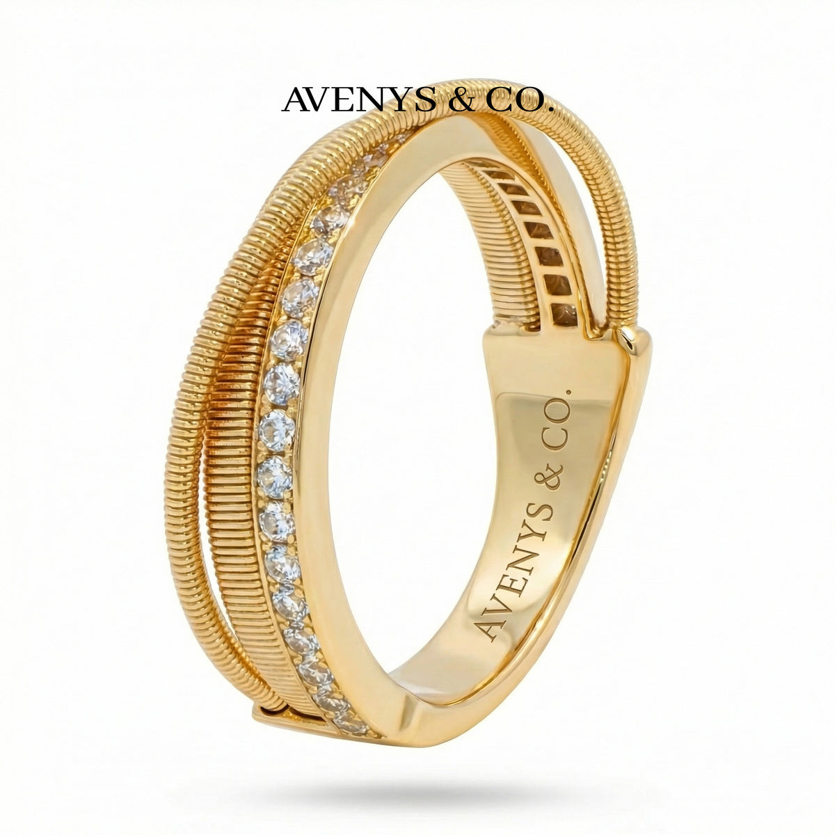 Crossline Pave Ring with White Round Stone – on Yellow Gold
