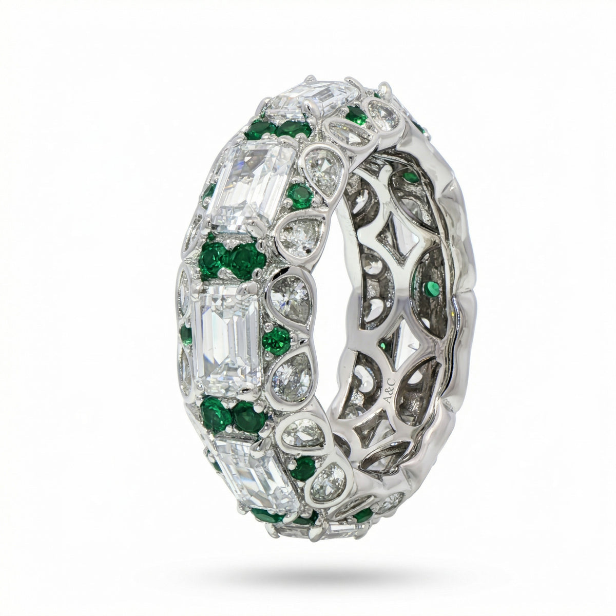 Greenfire Ring with White Emerald Stone – on White Gold
