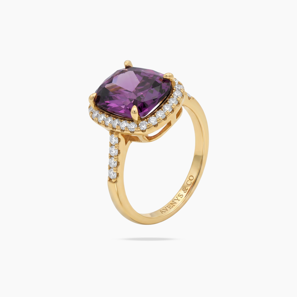 Amethyst Halo Ring with Purple Cushion Stone – on Yellow Gold