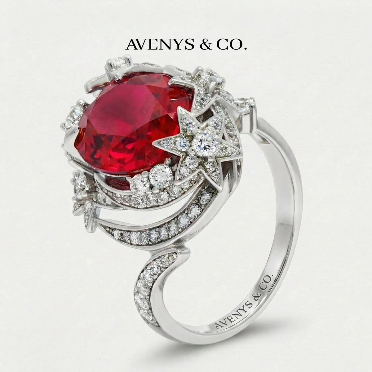 Starfall Pave Ring with Avenys Signature™ Oval Pigeon Blood Ruby – on White Gold