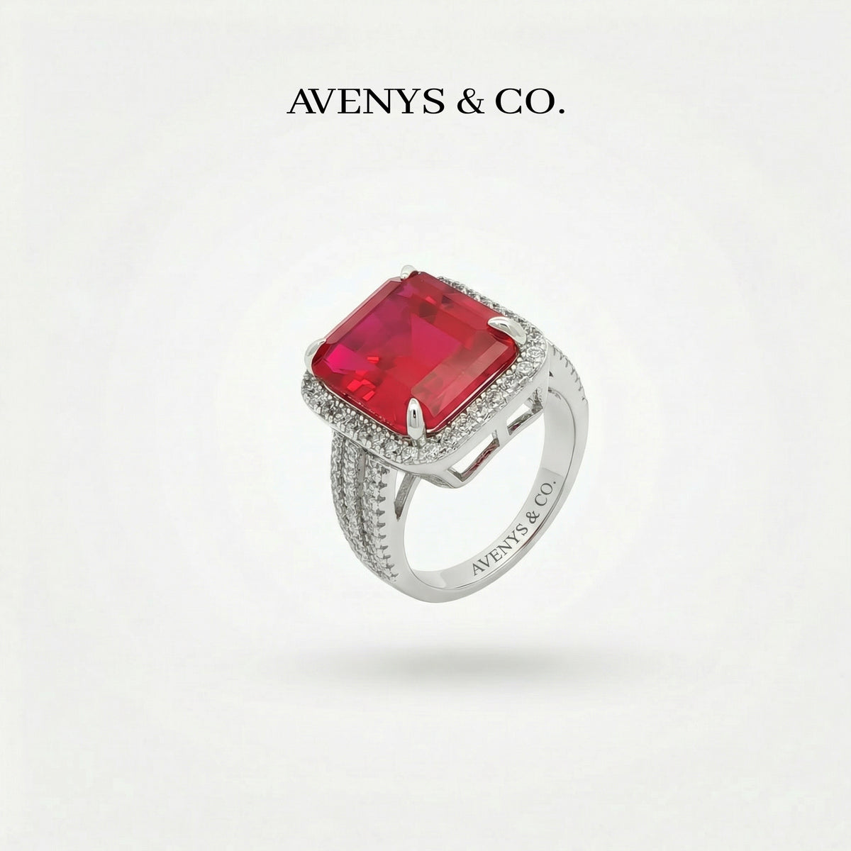 Triple Shank Radiant Ring with Red Radiant Stone – on White Gold