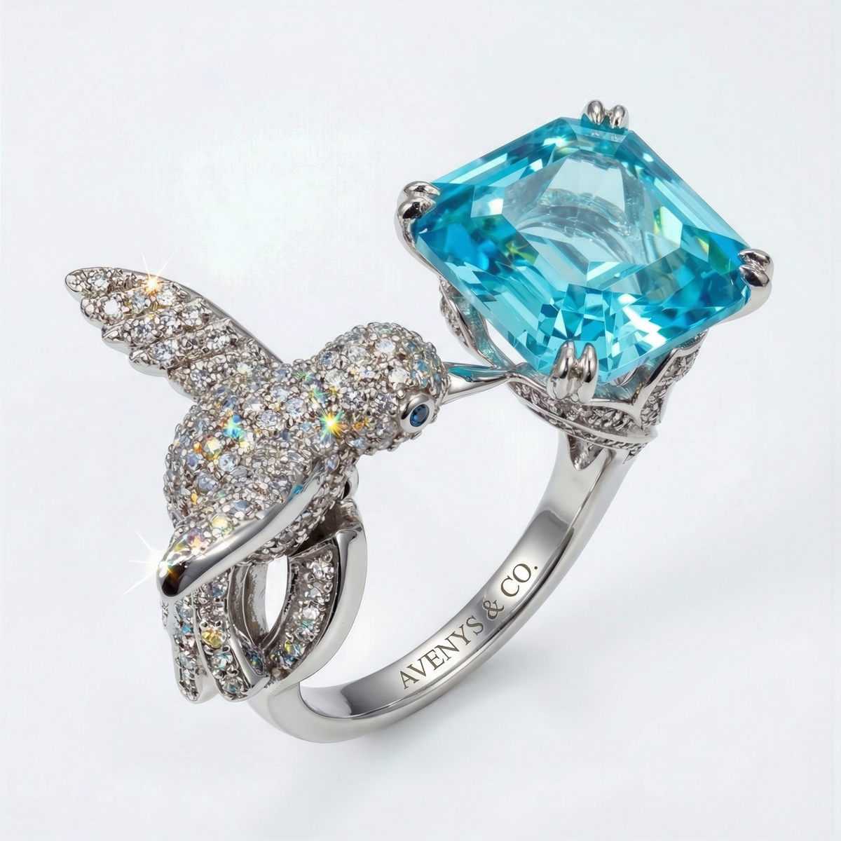 Bird Nesting Ring with Aquamarine Asscher Stone – on White Gold