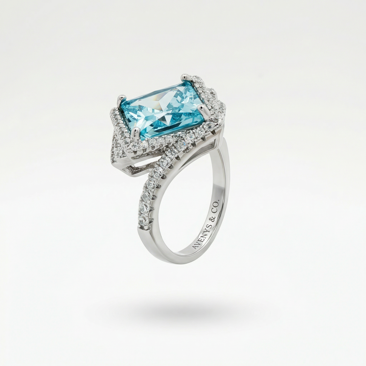 Side Radiant Ring with Aquamarine Radiant Stone – on White Gold