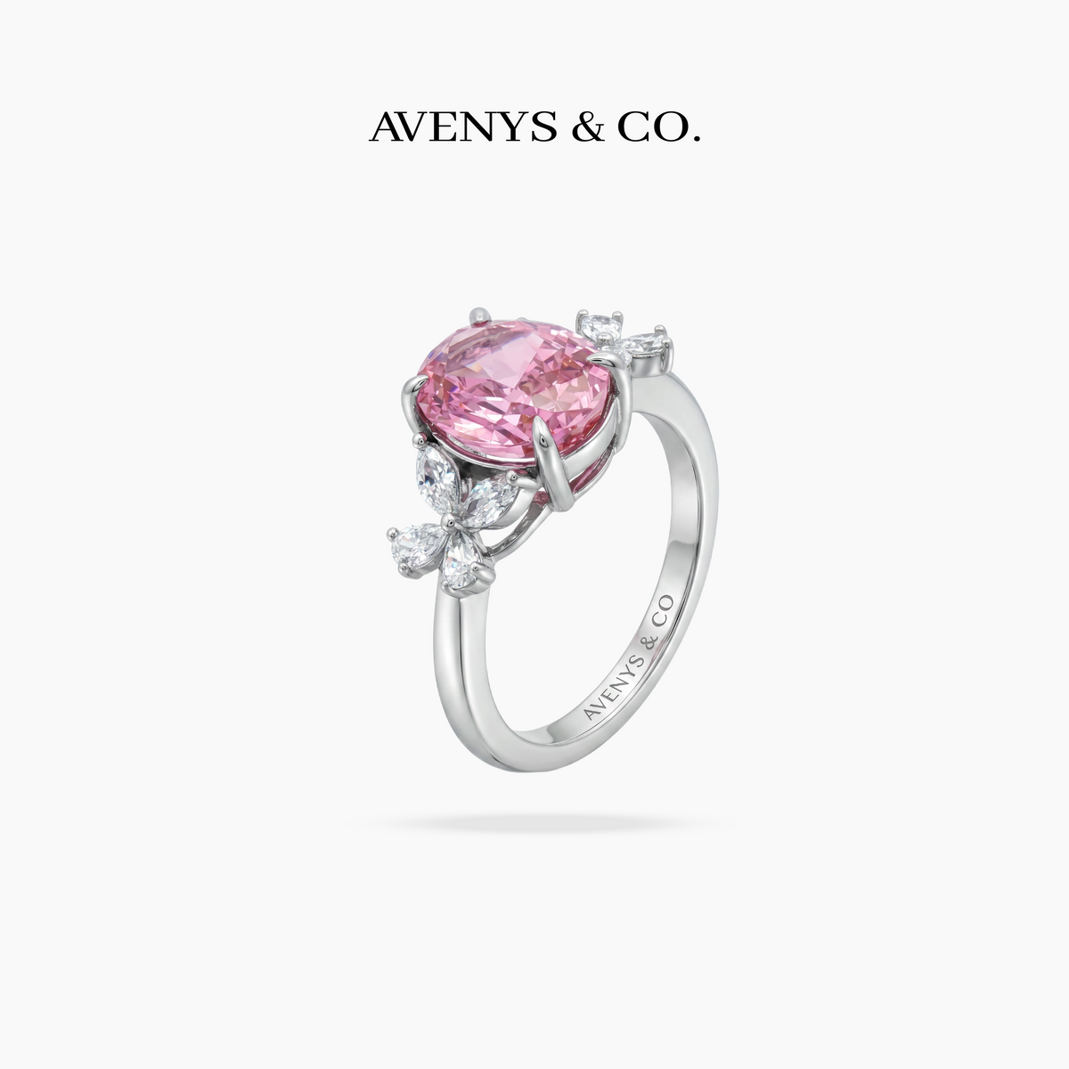 Pink Oval Flower Ring with Pink Oval Stone – on White Gold