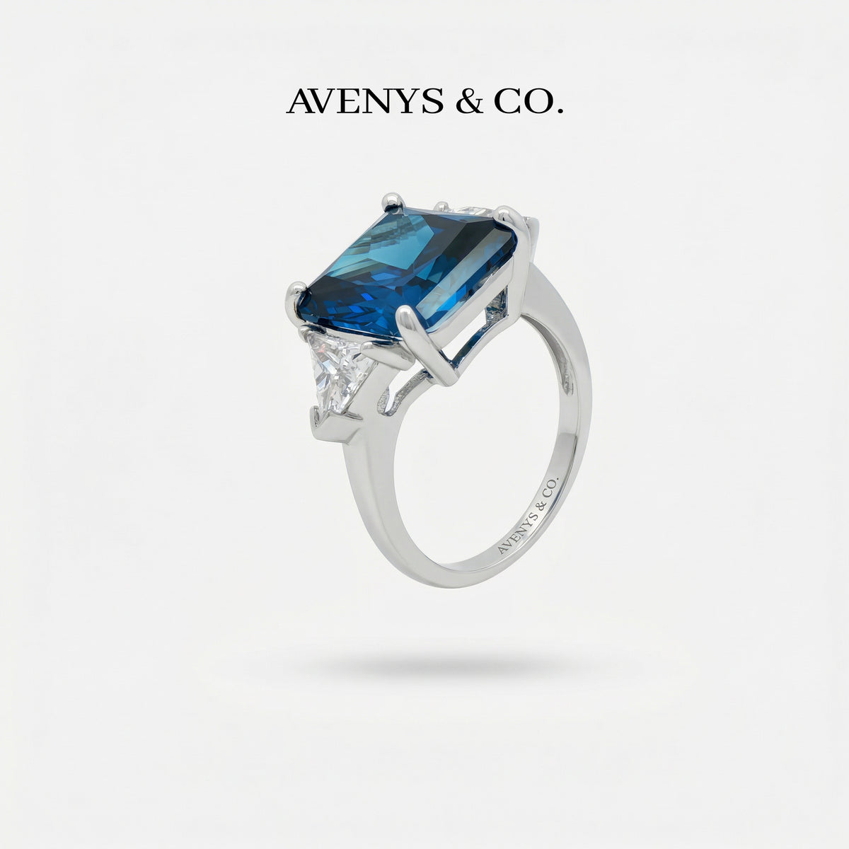 Square Radiant Ring with Blue Radiant Stone – on White Gold