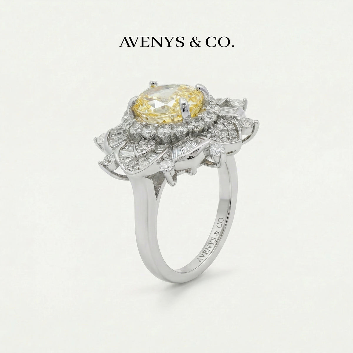 Bloom Burst Ring with Yellow Oval Stone – on White Gold