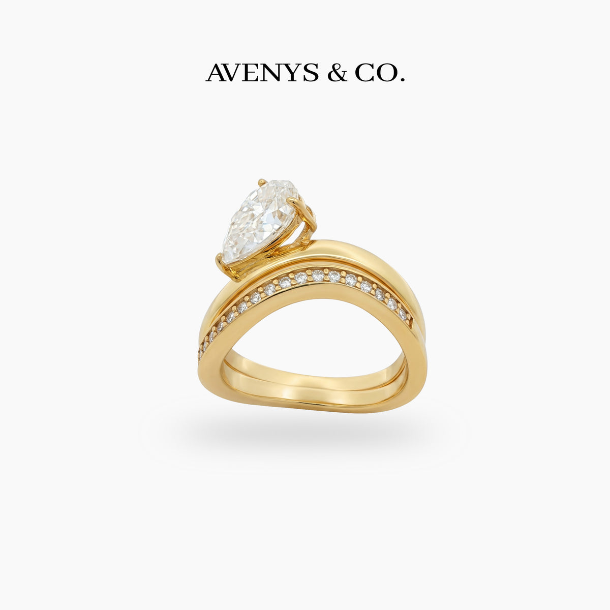 Wave Pave Double Ring with White Pear Stone – on Yellow Gold