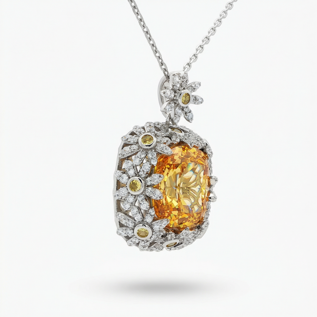 Crown Pendant Necklace with Yellow Cushion Stone – on White Gold