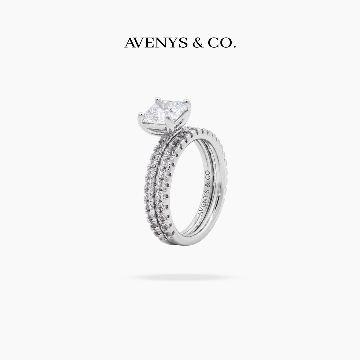 AV Dua™ Asscher Ring Set with White Asscher Stone – on White Gold
