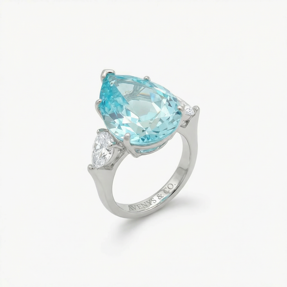 Pear Trilogy Ring with Aquamarine Pear Stone – on White Gold