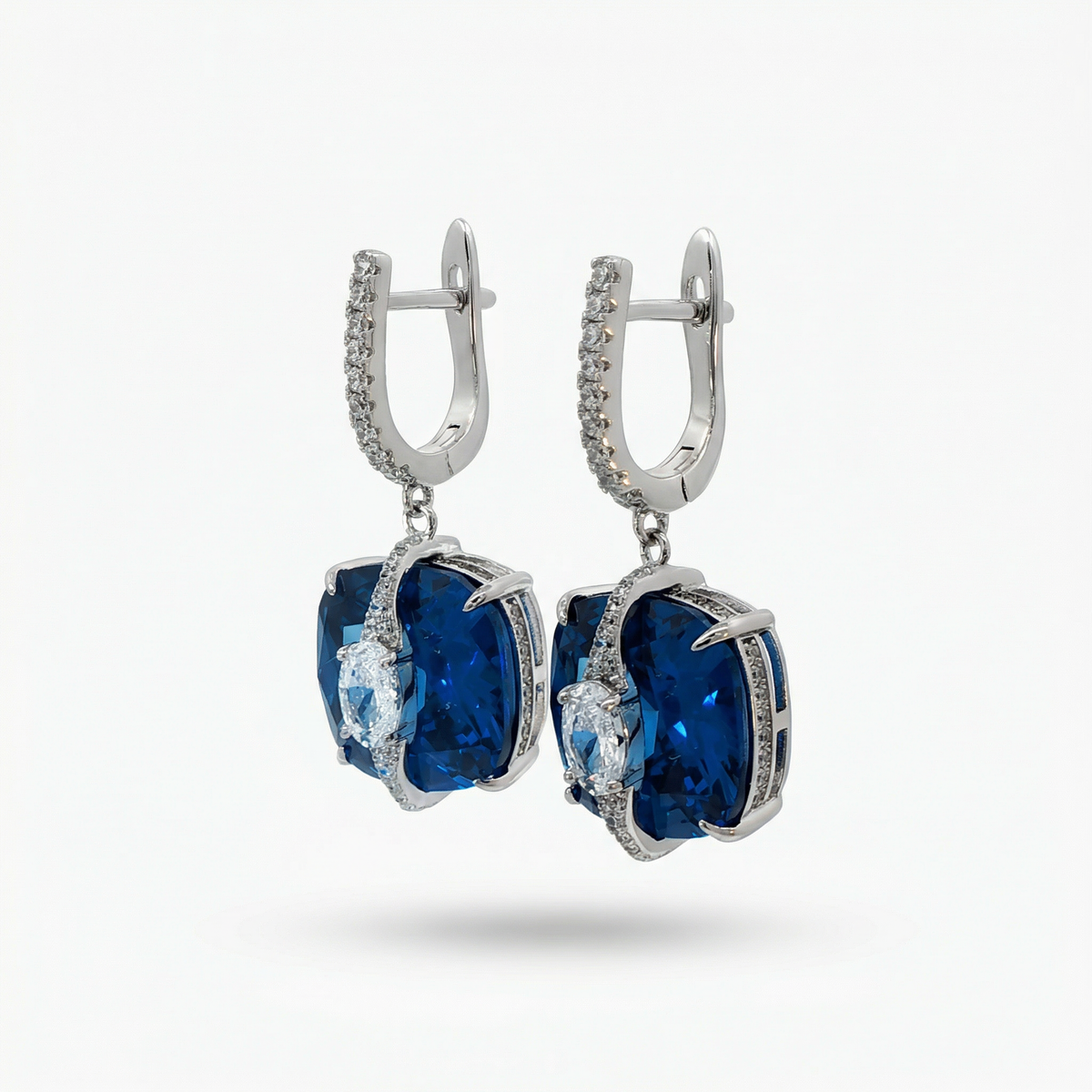 Embrace Pave Earrings with Blue Cushion Stone – on White Gold