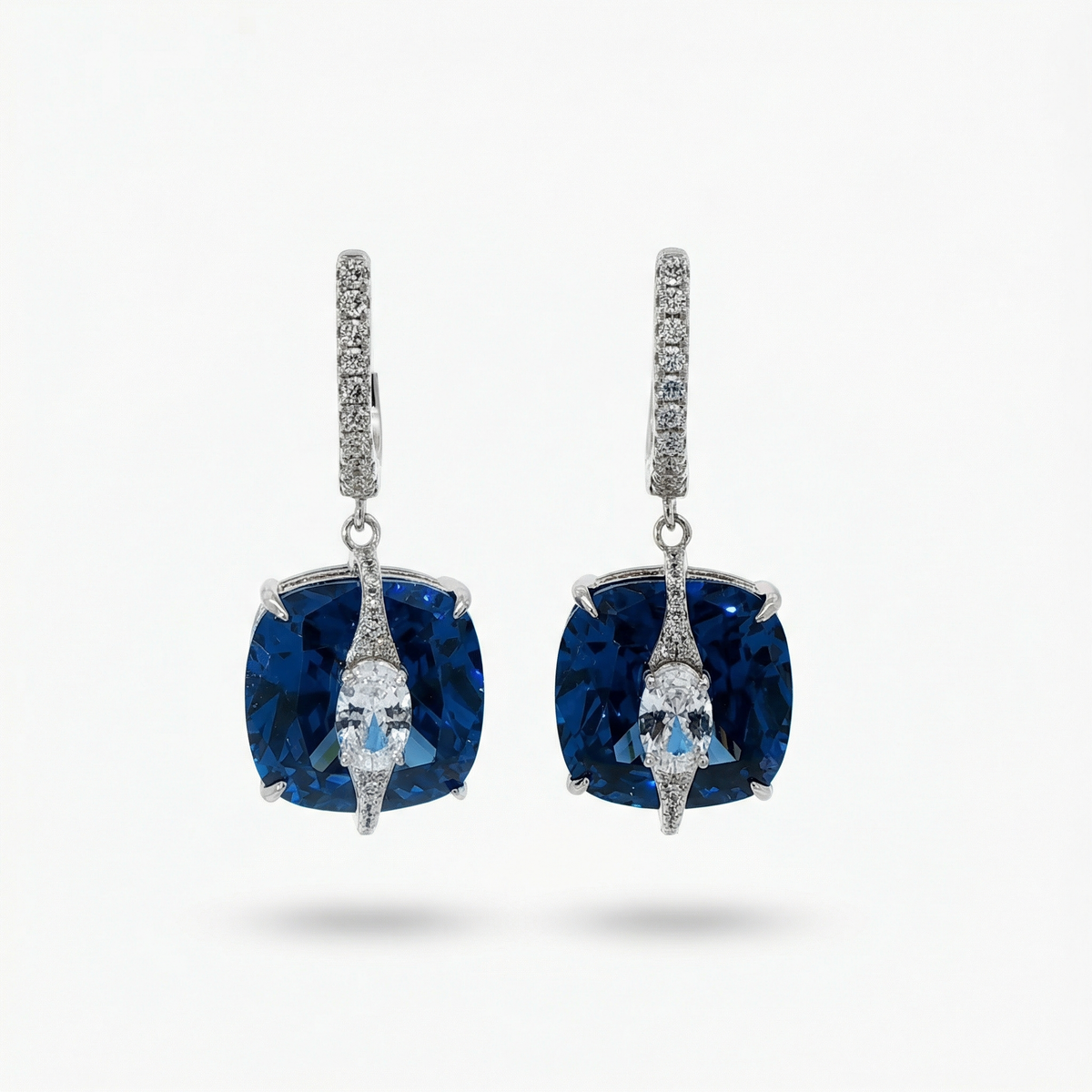 Embrace Pave Earrings with Blue Cushion Stone – on White Gold