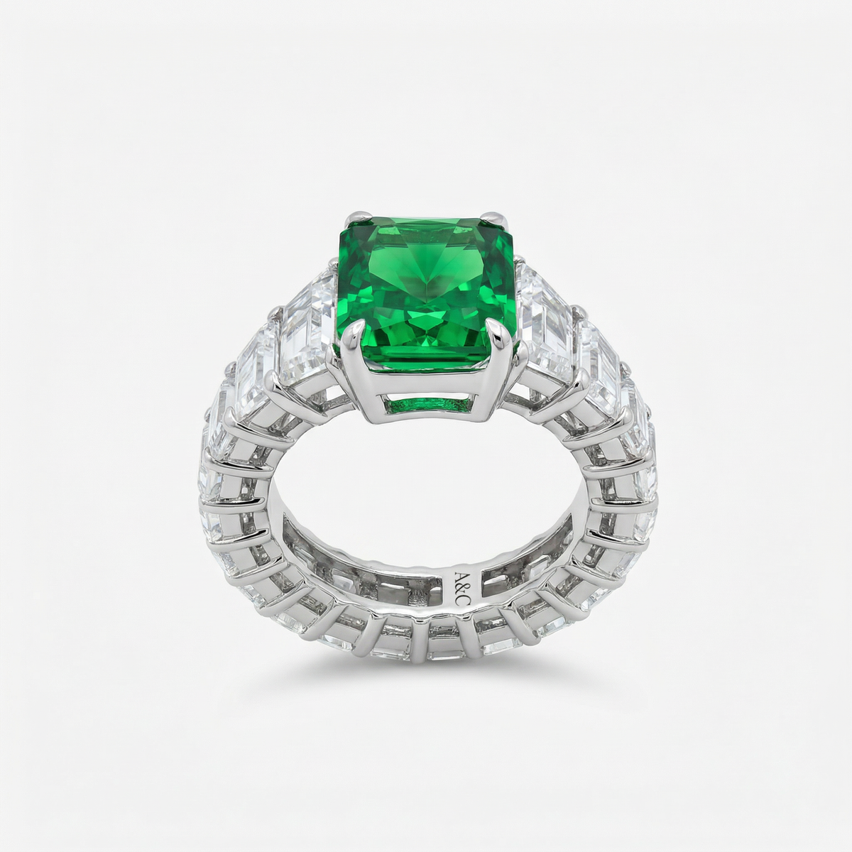 Princess Eternity Ring with Green Radiant Stone – on White Gold