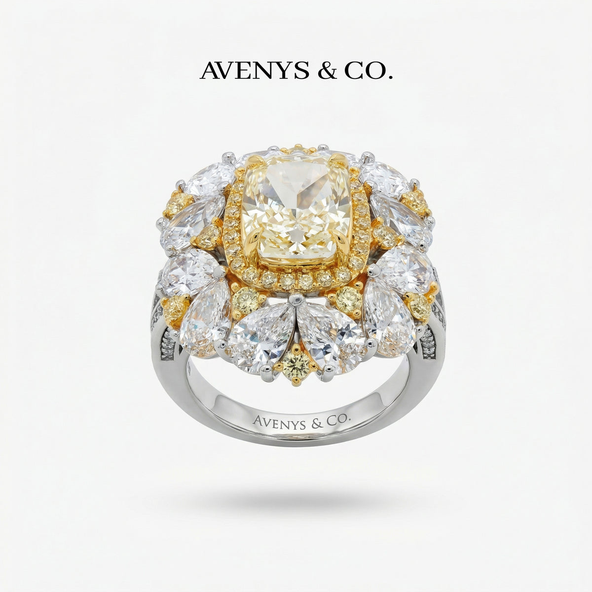 Royal Flower Halo Ring with Yellow Cushion Stone – on White Gold
