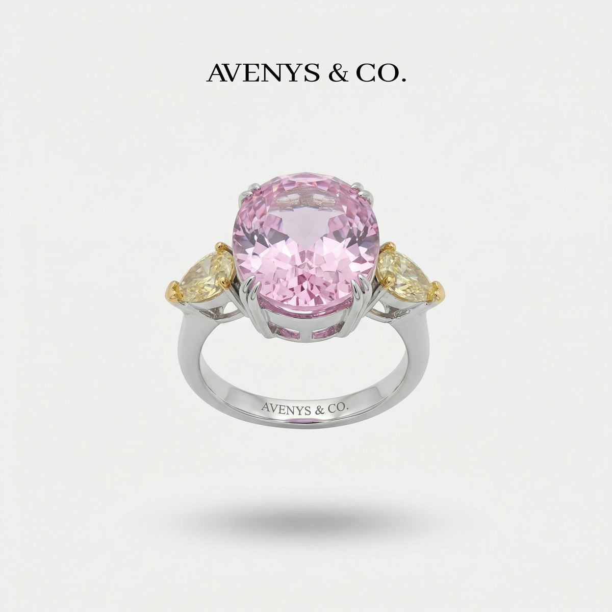 Queens Oval Ring with Pink Oval Stone – on White Gold