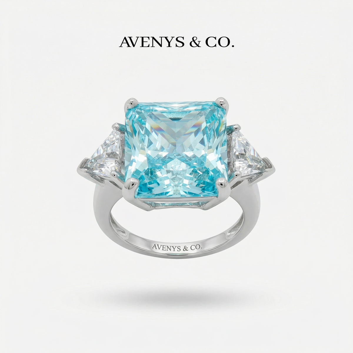Square Radiant Ring with Aquamarine Radiant Stone – on White Gold