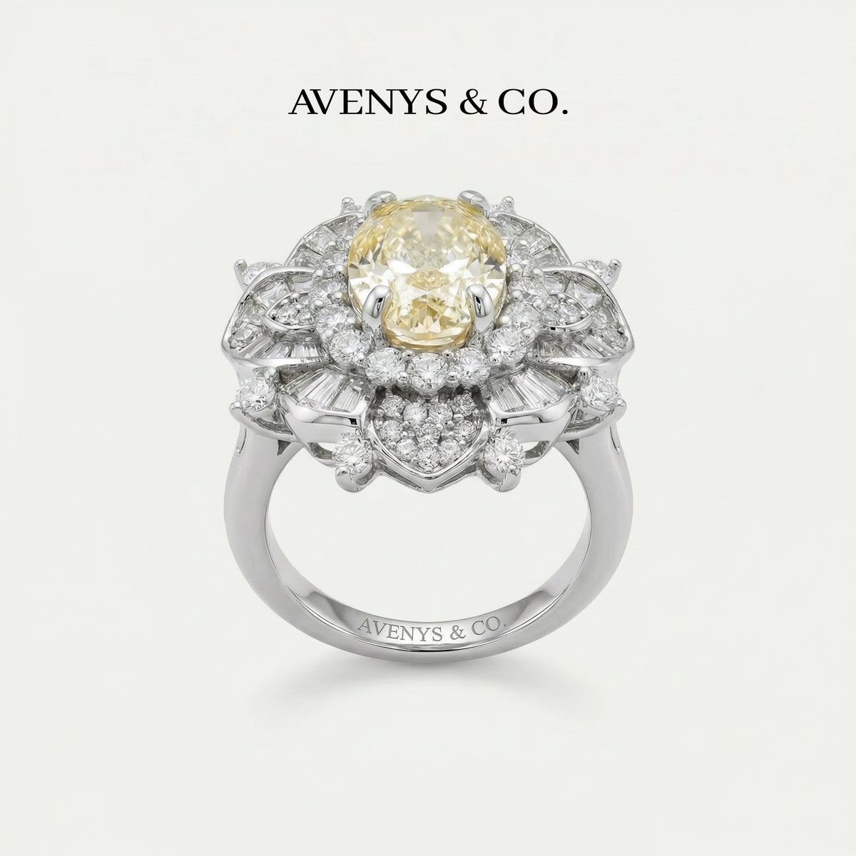 Bloom Burst Ring with Yellow Oval Stone – on White Gold
