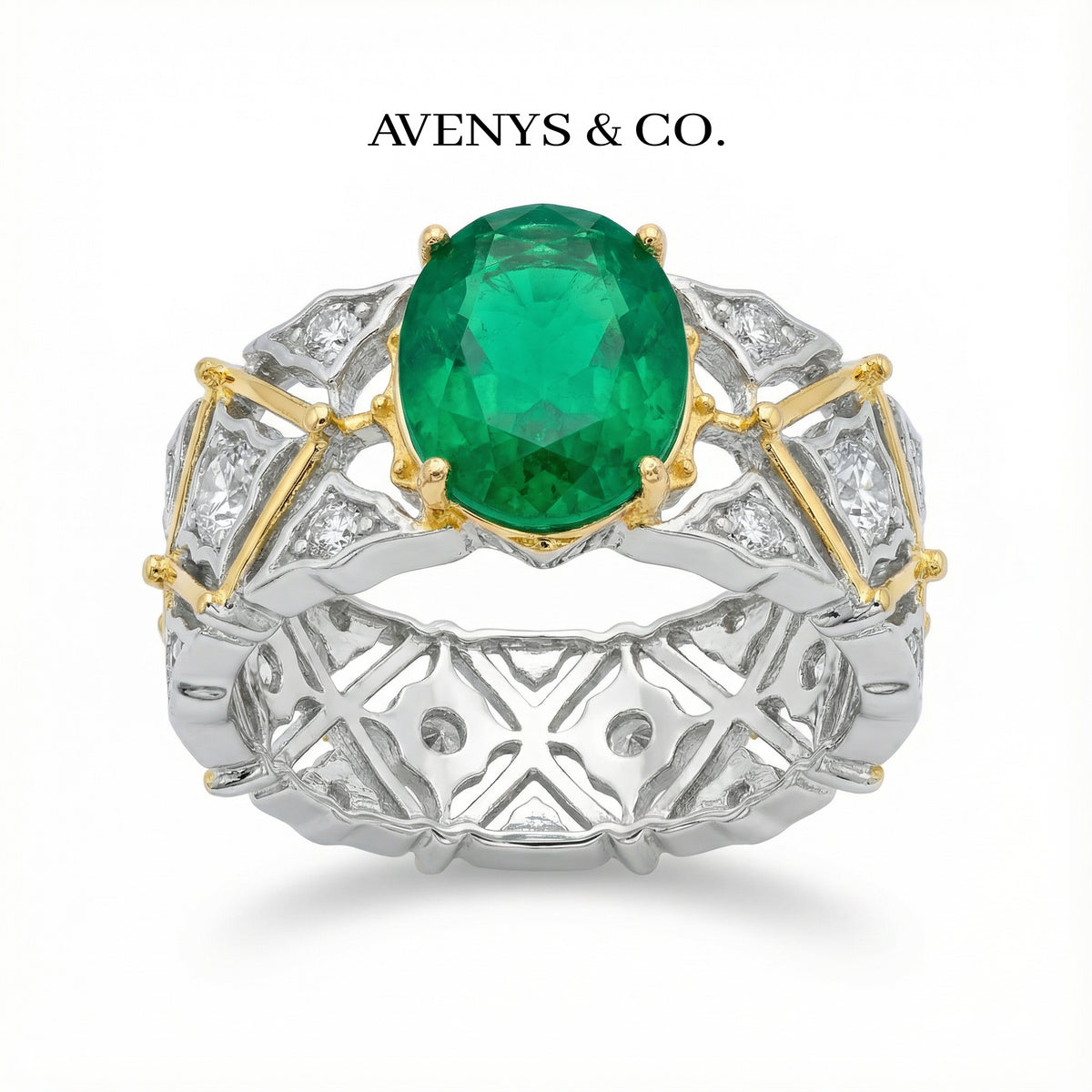 Arabesque Wide Ring with Green Oval Stone – on White Gold