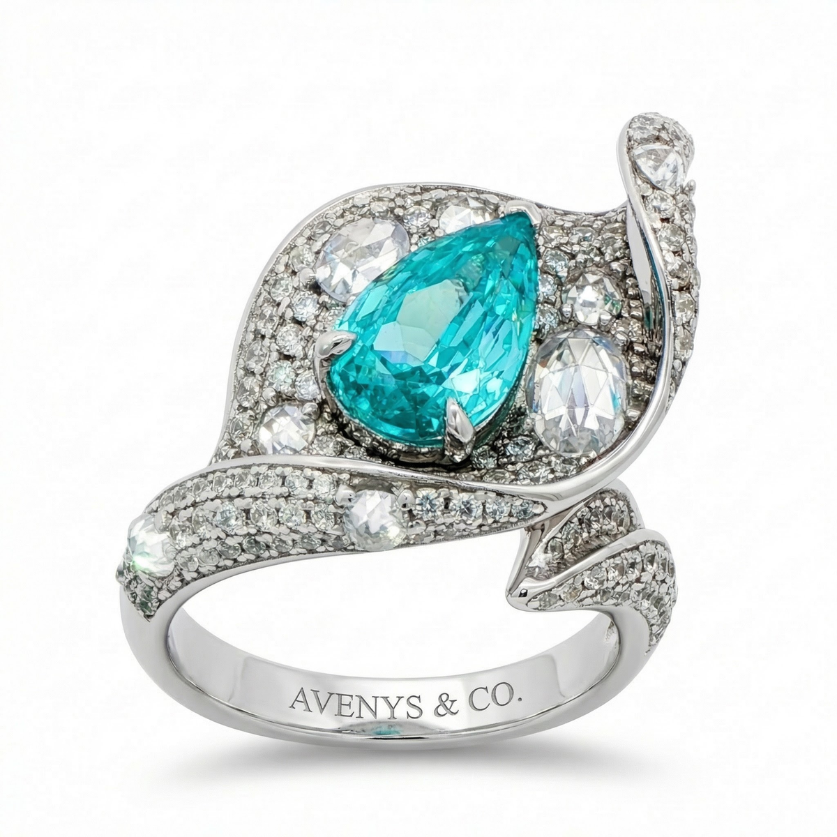 Siren Pave Ring with Paraiba Pear Stone – on White Gold