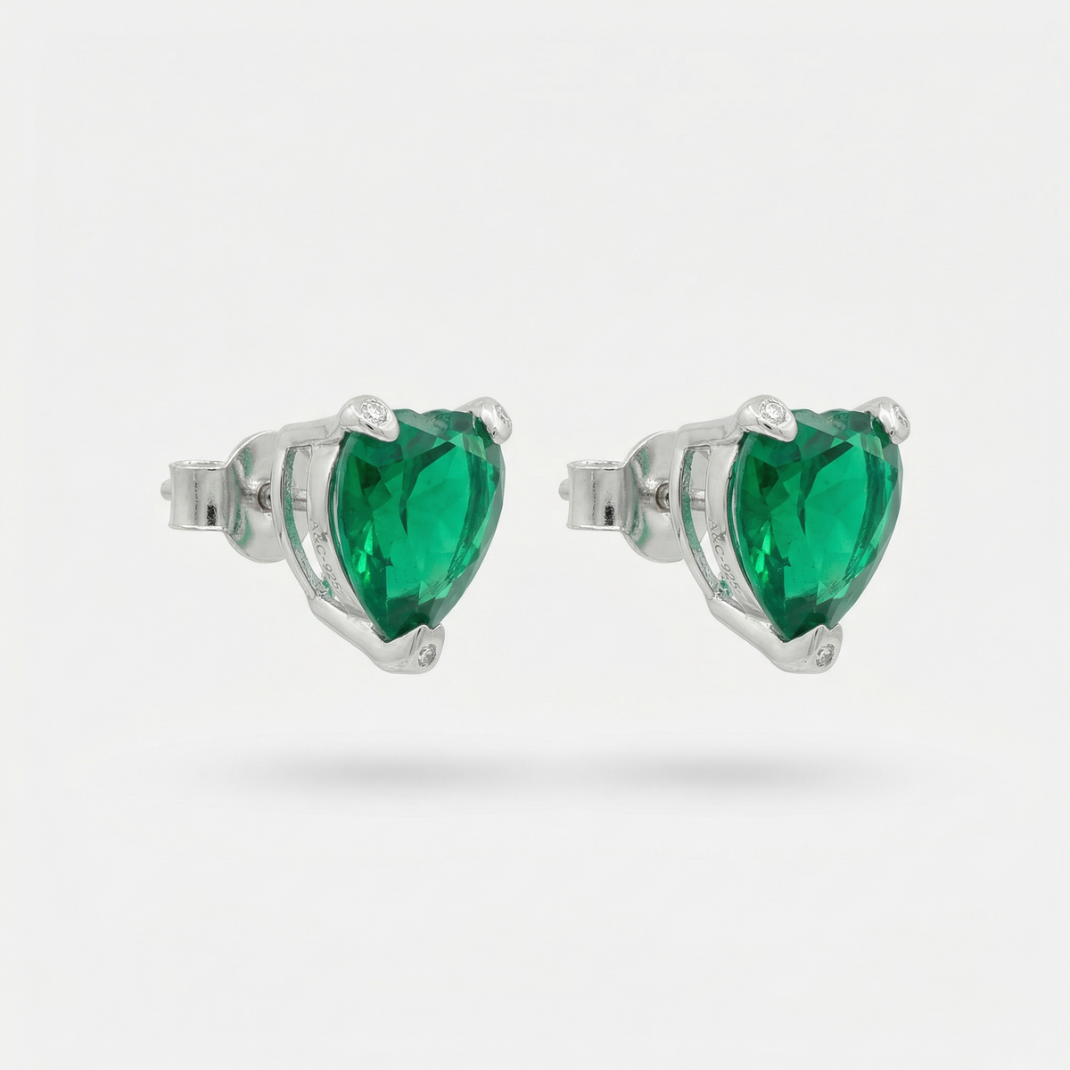 Love Heart Earrings with Green Heart Stone – on White Gold