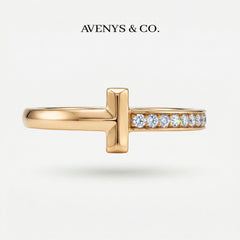 T Half Pave Ring with White Round Stone – on Yellow Gold
