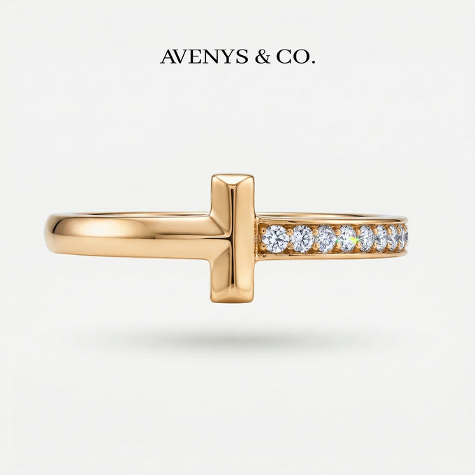 T Half Pave Ring with White Round Stone – on Yellow Gold