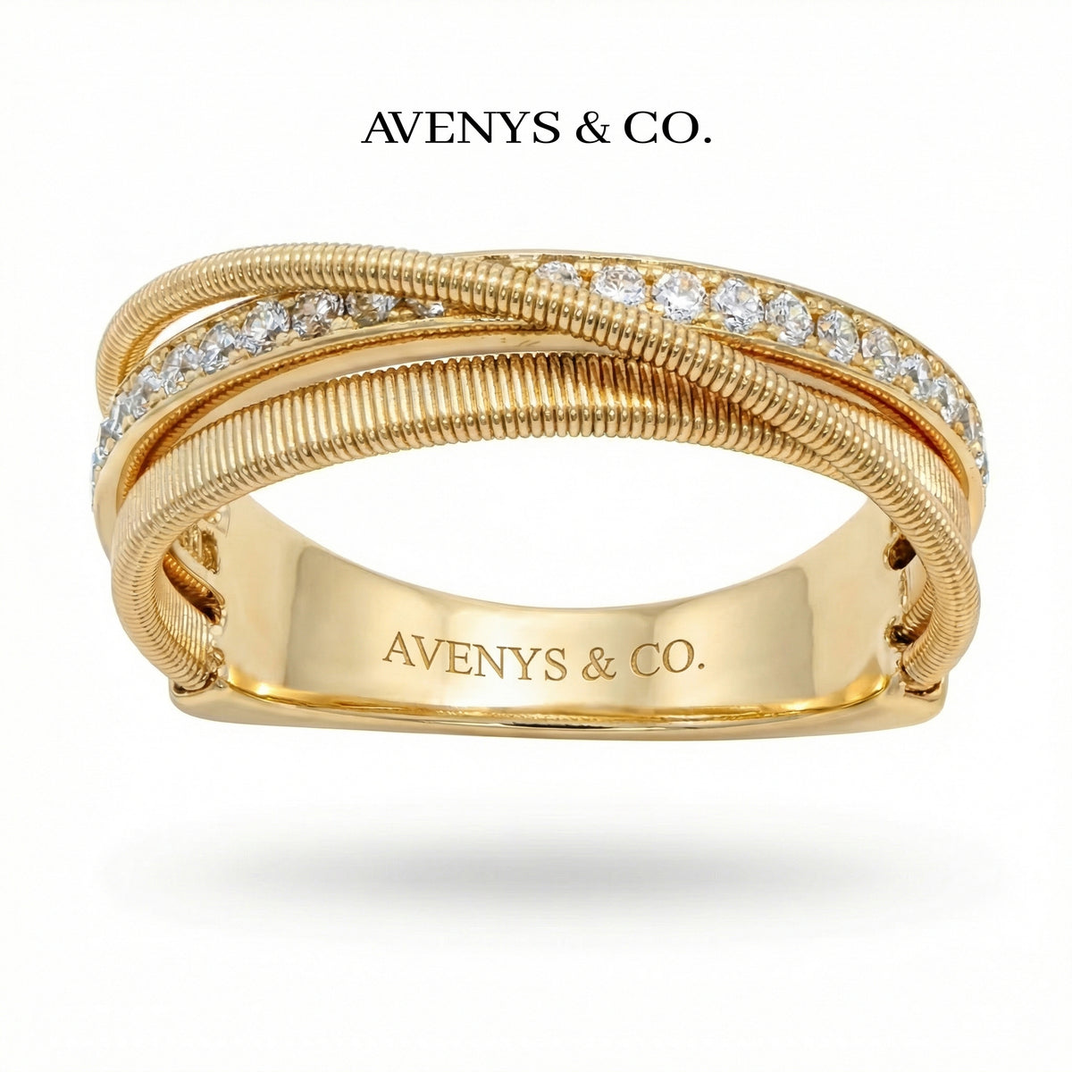 Crossline Pave Ring with White Round Stone – on Yellow Gold