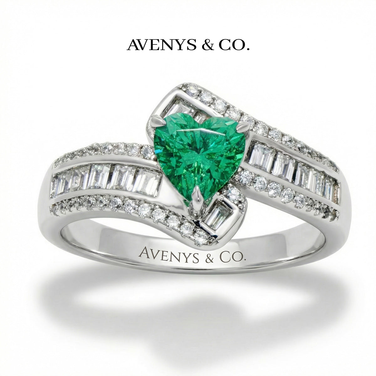 Bypass Pave Ring with Green Heart Stone – on White Gold