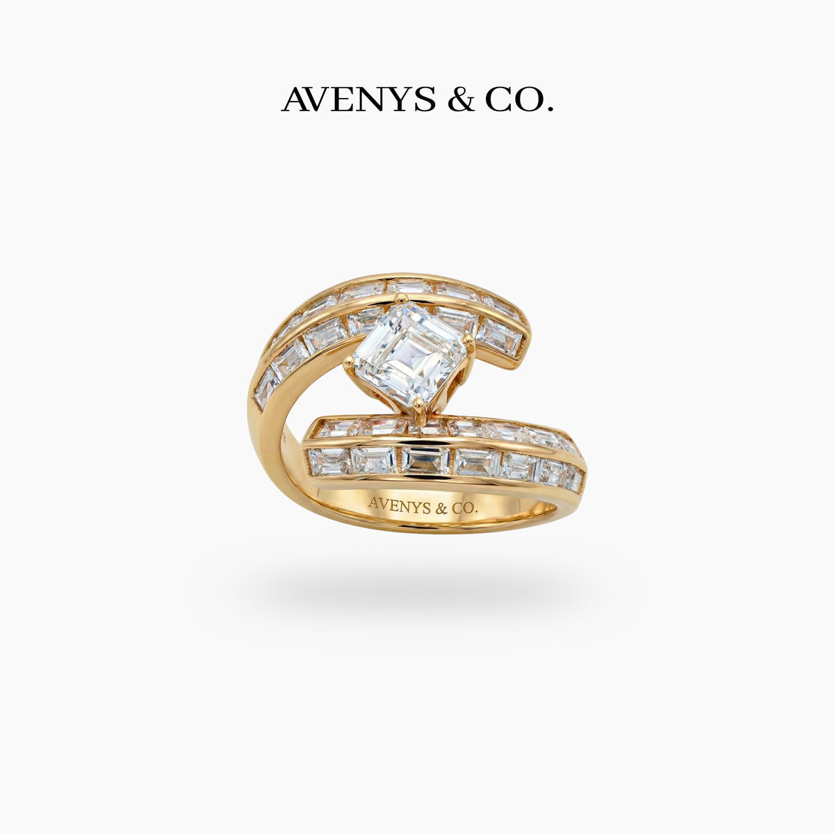 Bypass Baguette Ring with White Asscher Stone – on Yellow Gold