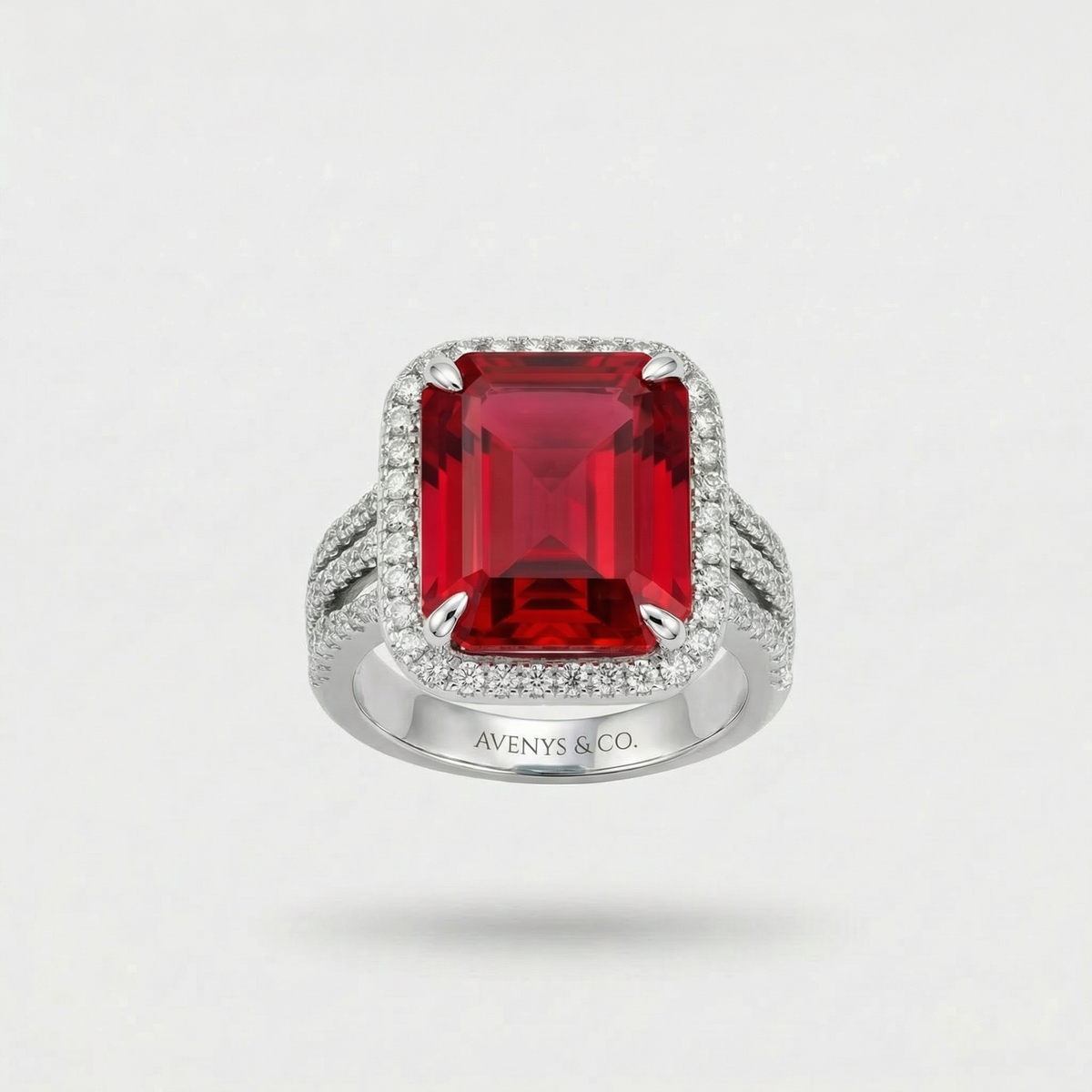 Triple Shank Radiant Ring with Red Radiant Stone – on White Gold
