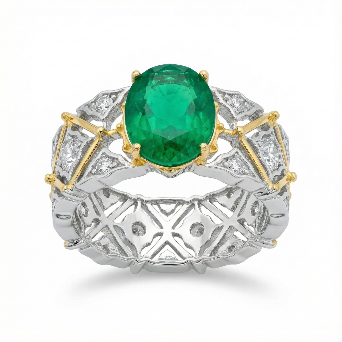 Arabesque Wide Ring with Green Oval Stone – on White Gold