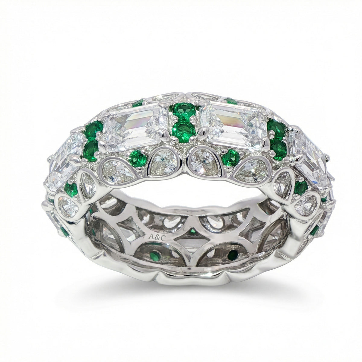 Greenfire Ring with White Emerald Stone – on White Gold