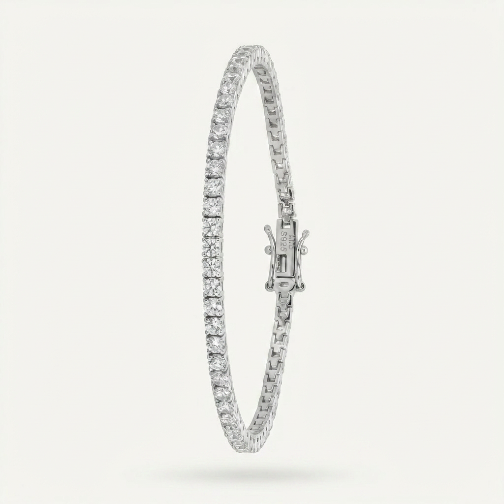 Delicate Tennis Bracelet (2mm) with White Round Stone – on White Gold