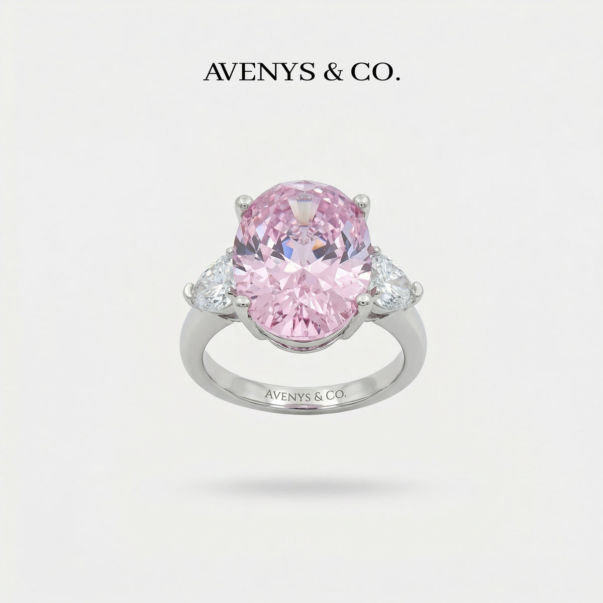 Oval Trilogy Pear Ring with Pink Oval Stone – on White Gold